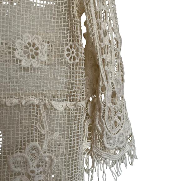 Lovely 153 Crochet Long Sleeve Top Floral Open Knit Fringe Cover Up Boho Size S - Picture 6 of 7